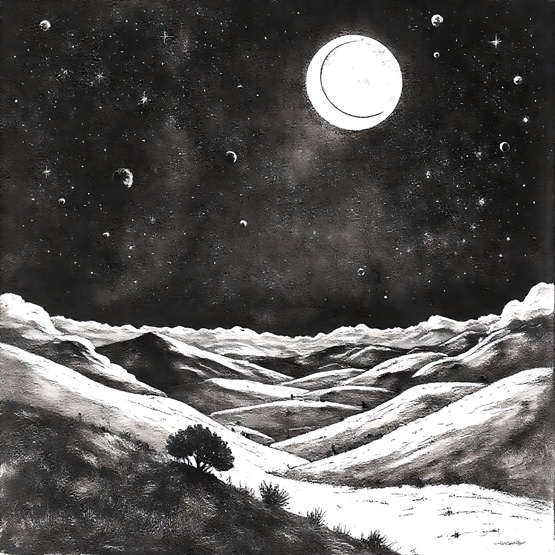 Unenomainen kuunvalaisema laakso tähtitaivaan mustavalkoisen taivaan alla Mustavalkoinen kuvitus kuunvalaisemasta laaksosta, jota ympäröivät tähdet ja taivaallinen kauneus.