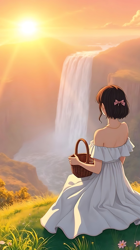 A Serene Sunrise with an Anime Girl by the Waterfalls Anime girl in white dress sitting on a hill overlooking majestic waterfalls during sunrise
