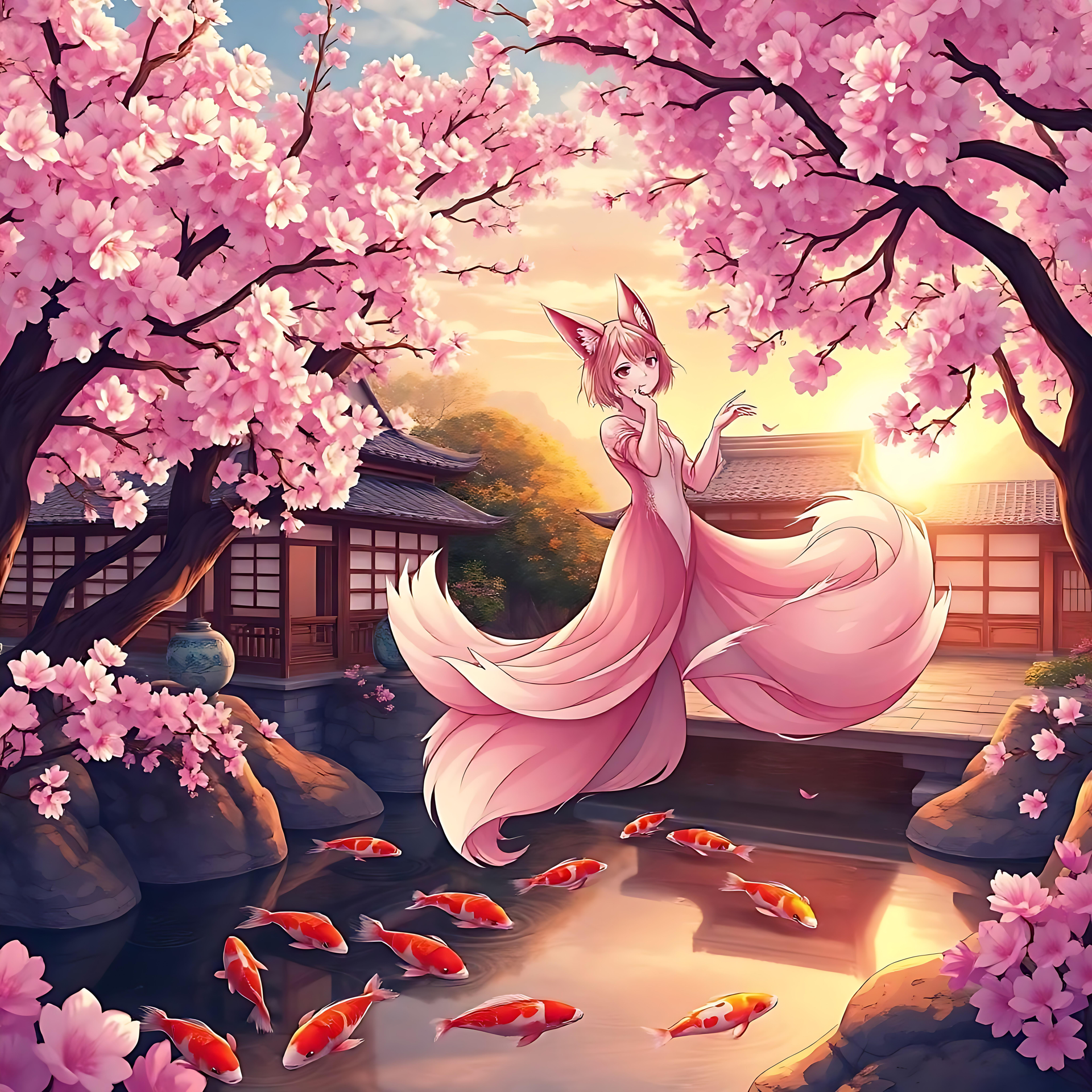 Fortryllende Anime Ræveånd Midt Blandt Kirsebærblomster Anime-baggrundsbillede, der viser en fredfyldt ræveånd omgivet af kirsebærblomster nær en koi-dam i en japansk have.