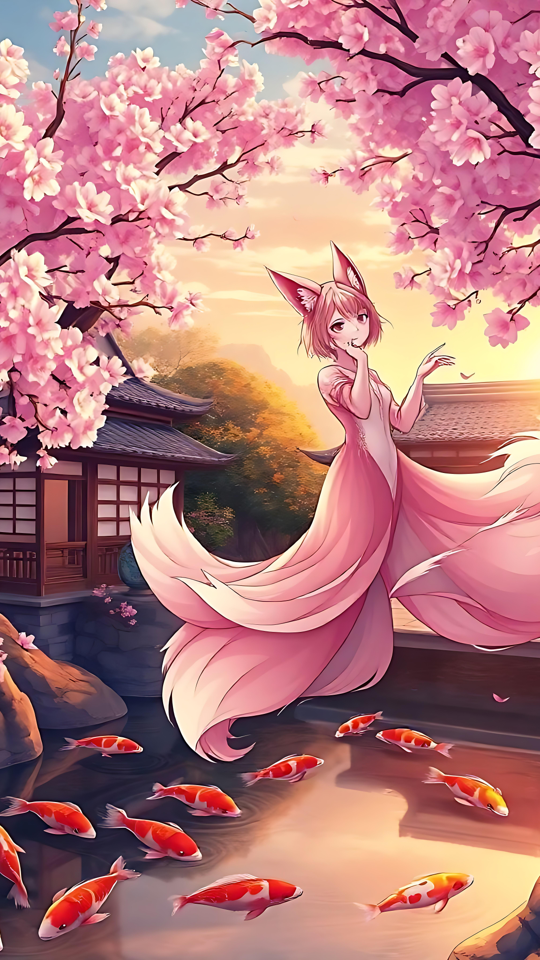 Fortryllende Anime Ræveånd Midt Blandt Kirsebærblomster Anime-baggrundsbillede, der viser en fredfyldt ræveånd omgivet af kirsebærblomster nær en koi-dam i en japansk have.