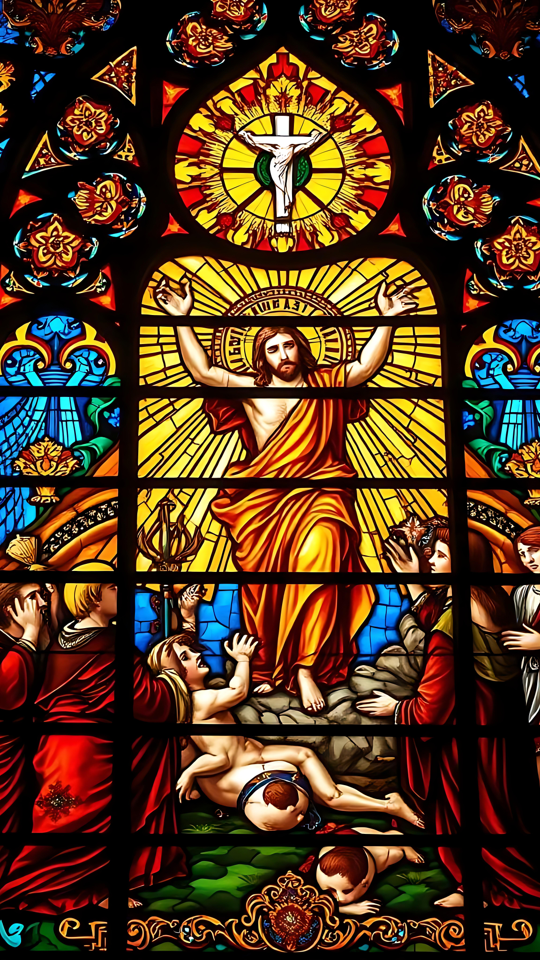 Obra de Arte Divina em Vitral de Páscoa em 8K Vitral com tema de Páscoa representando Jesus Cristo com raios vibrantes de luz e figuras ao redor.
