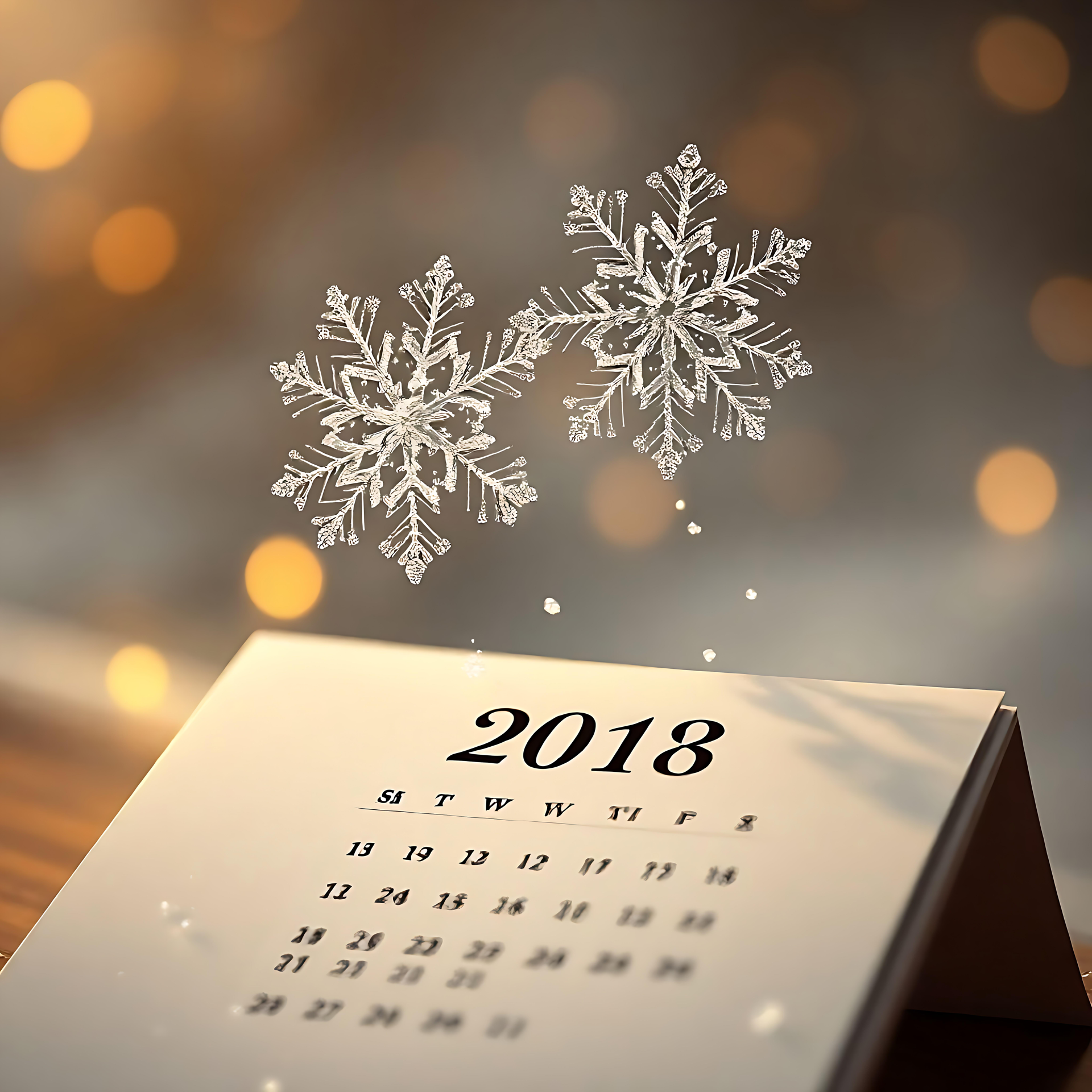 梦幻雪花迎接2018 一个2018年的日历,上面有漂浮的雪花和温暖的金色散景灯光。