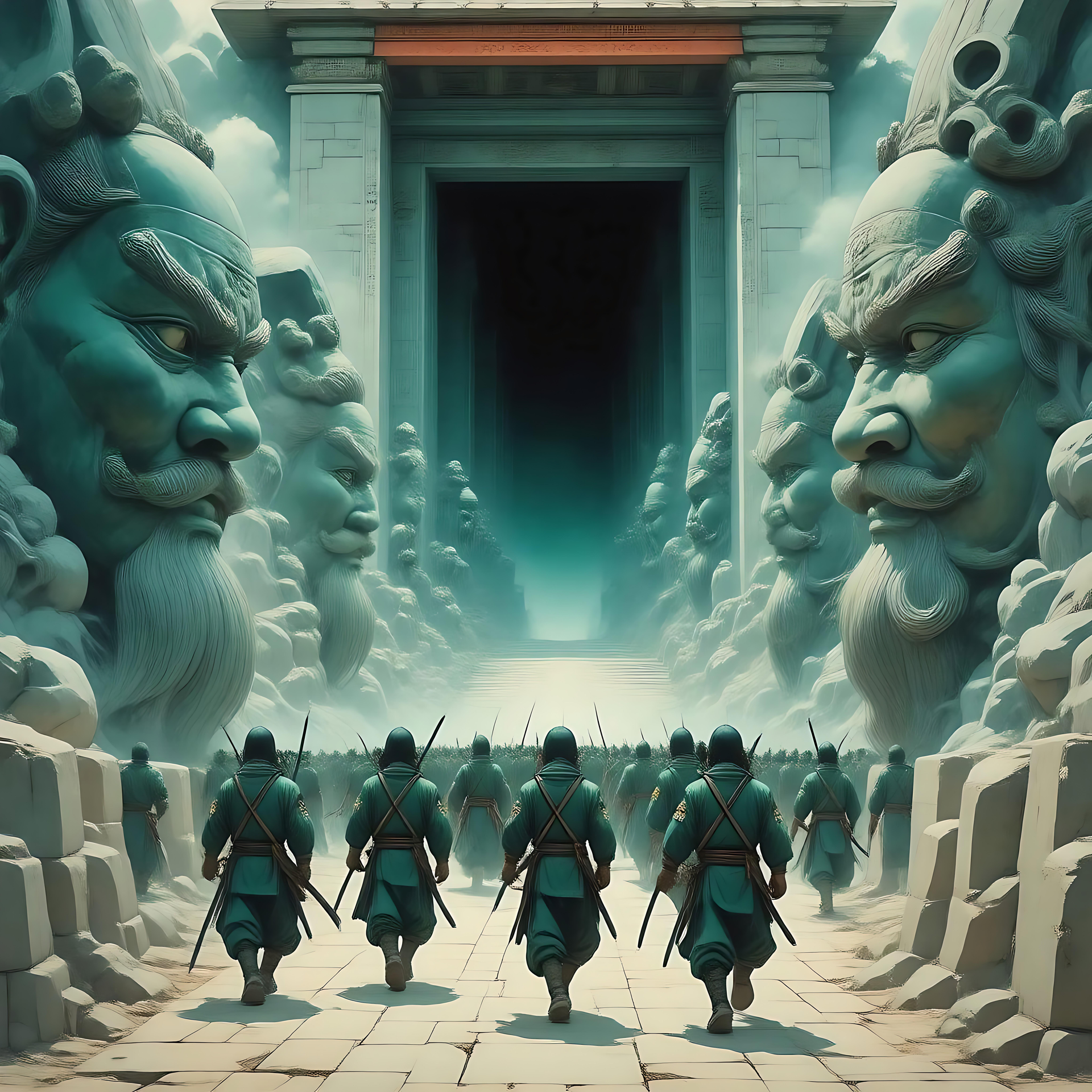 神秘战士队列走向未知 动漫战士行进进入被石废墟环绕的古老神秘寺庙