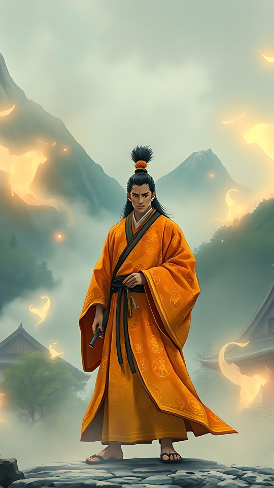 Monge Tranquilo de Anime em Meio a um Brilho Místico Monge de anime com túnica dourada em pé em meio a montanhas brilhantes e arquitetura tradicional.