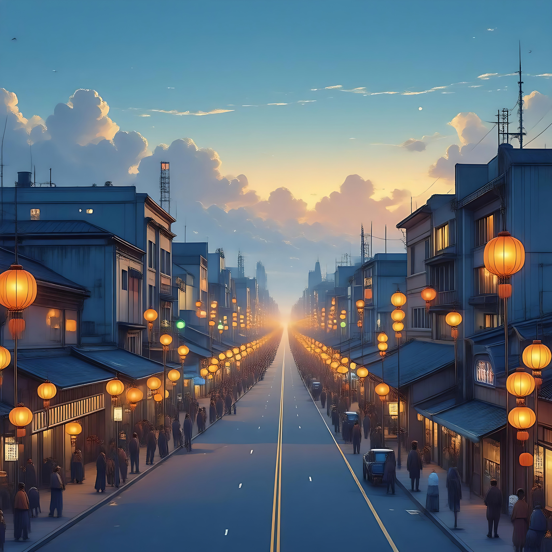 Strada Anime Onirica Che Risplende al Tramonto Strada urbana in stile anime al tramonto con lanterne luminose e cielo sereno.