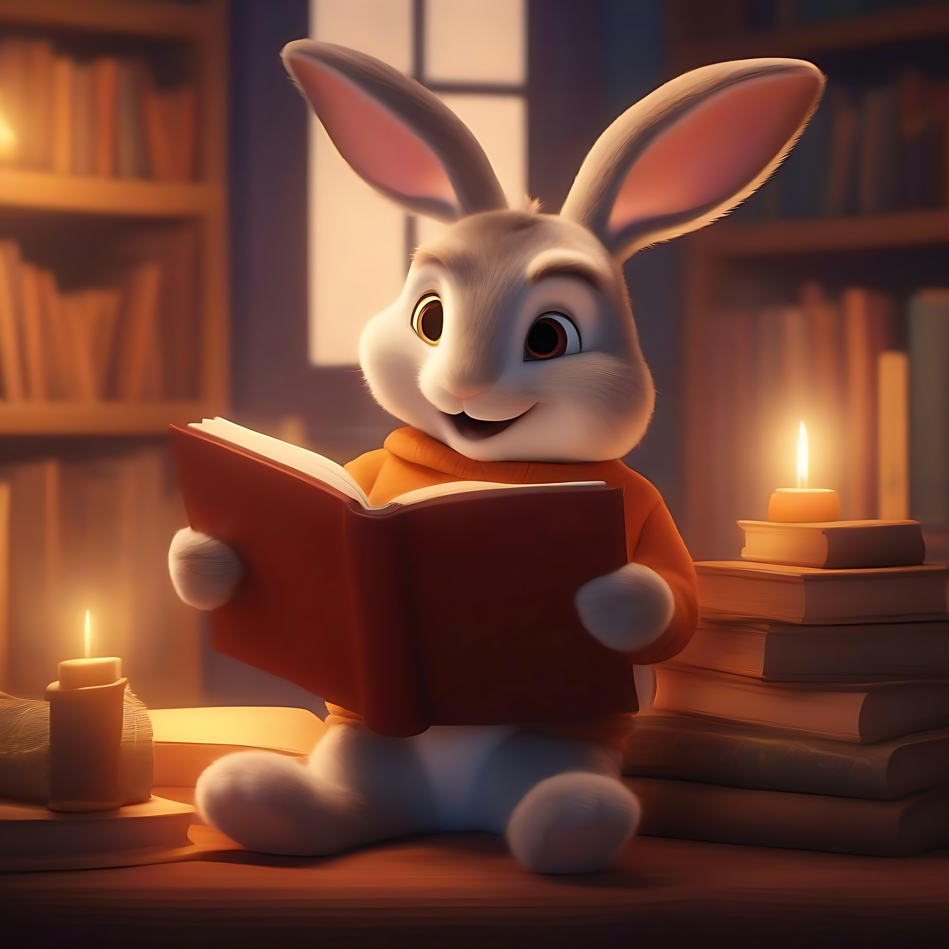 Acogedor conejo leyendo en una biblioteca iluminada con velas Un bonito conejo de dibujos animados leyendo un libro a la luz de las velas en una acogedora biblioteca.
