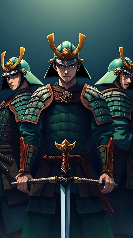 Episk skildring af Samurai-krigere i Anime-stil Et fantastisk anime-kunstværk, der forestiller tre samurai-krigere i detaljeret grøn og guld rustning, der står med sværd.