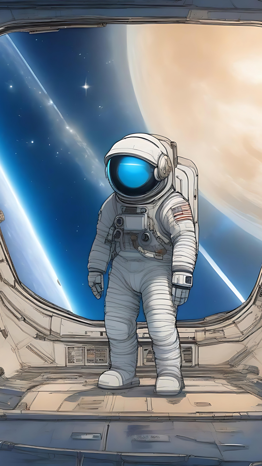 Faszinierender Anime-Astronaut im Raumschiff Anime-Illustration eines Astronauten, der in einem Raumschiff steht und auf eine kosmische Ansicht von Sternen und einem Planetenring blickt.