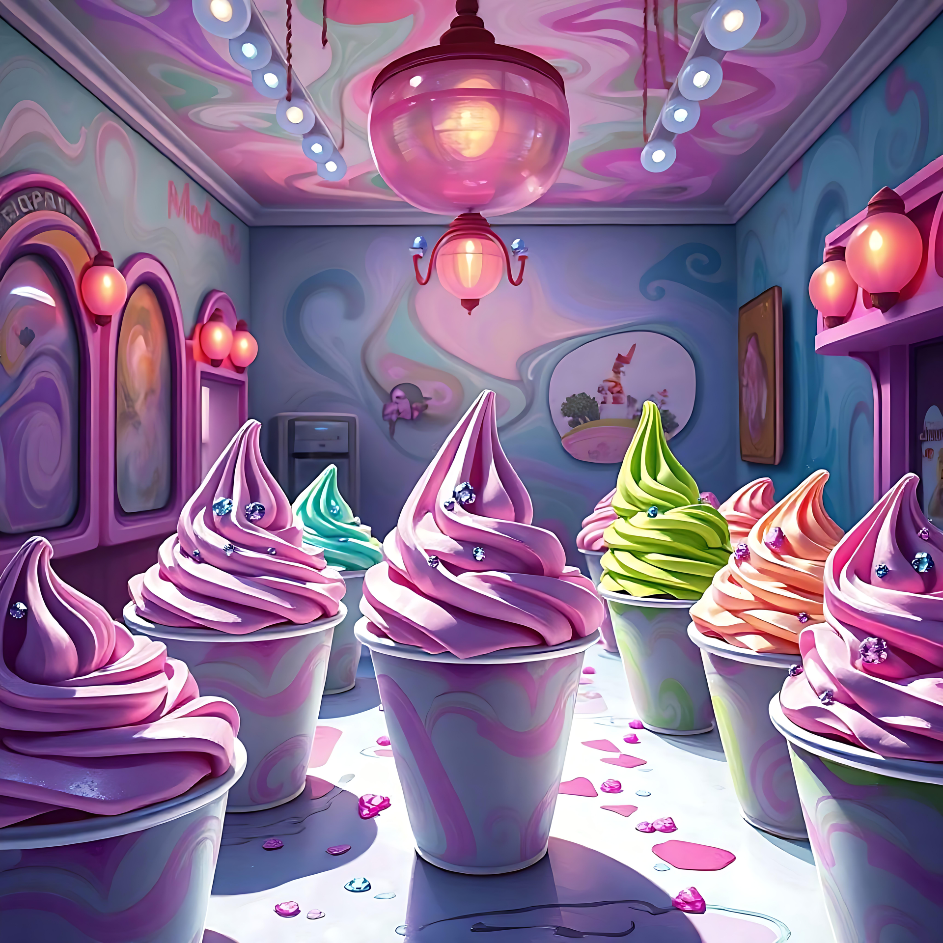 Dreamy Ice Cream Parlor in Pastel Fantasy A pastel-themed whimsical ice cream shop filled with vividly colored ice cream cups and glowing retro-modern lights.