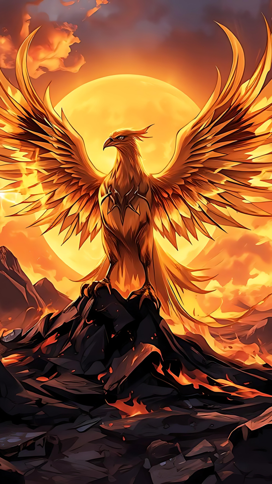 Aufstieg des Anime-Phönix in Dämmerungsflammen Anime-Phönix mit feurigen Flügeln, der unter einem glühenden Sonnenuntergang und geschmolzenen Bergen aufsteigt.