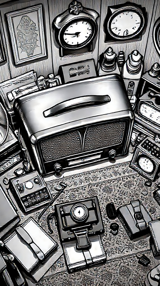 Un mix vintage in bianco e nero di gadget retrò Opera d'arte vintage in bianco e nero con tema retrò che mostra gadget retrò, orologi e radio in una disposizione accogliente e nostalgica.