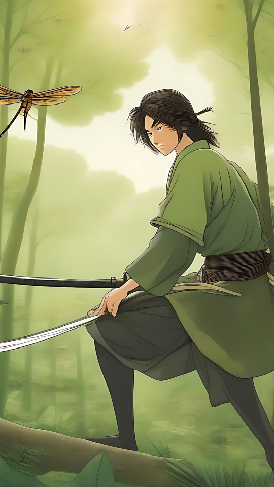 Rolig Samurai og Guldsmed i en Rolig Skov Anime-samurai med sværd i en skov, guldsmed flyver i nærheden