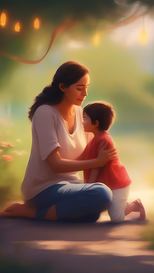 温かい抱擁:母の日の至福 暖かな光の下で母親と子供が抱き合う、公園での心温まる母の日の一瞬。