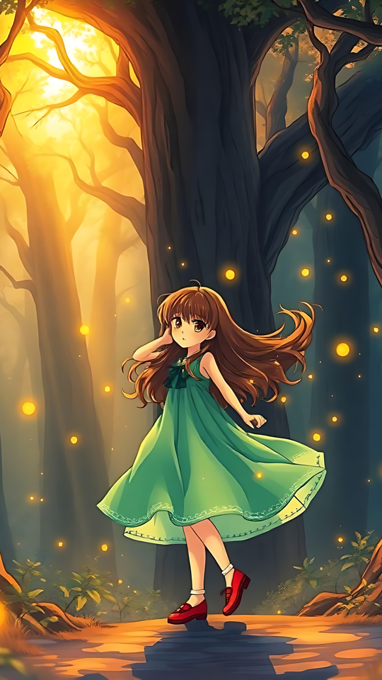 Magical Anime Girl in a Glowing Forest Anime girl in a green dress standing in a glowing forest, with magical orbs of light floating around.
