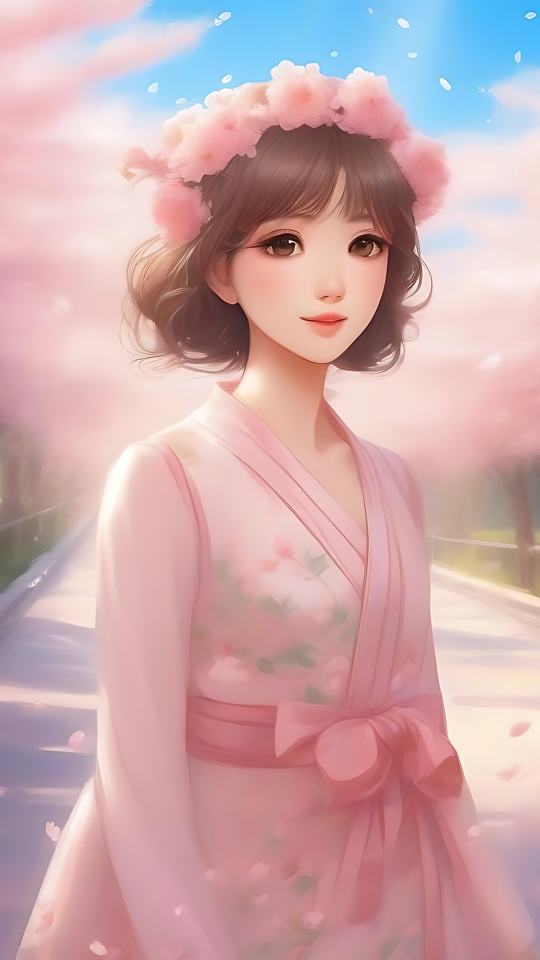 Serene Anime Scene under Cherry Blossoms Anime girl in a pink kimono amidst a pathway of cherry blossoms