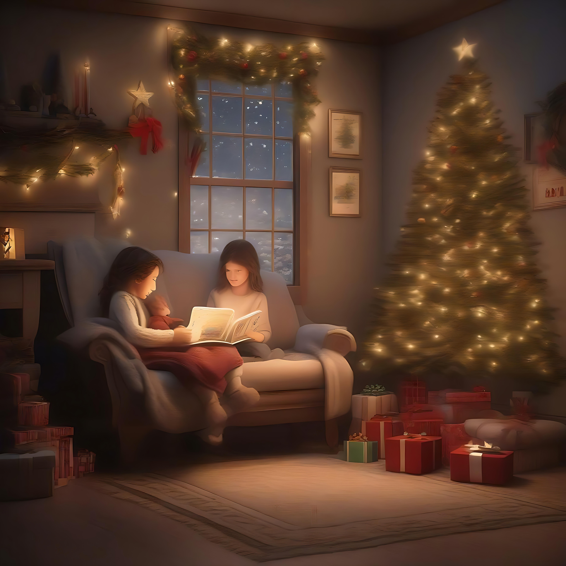 Ağaç Kenarında Rahat Noel Arifesi Işıldayan bir ağacın ve yanında okuyan iki kişinin bulunduğu, rahat bir Noel Arifesi ortamı.