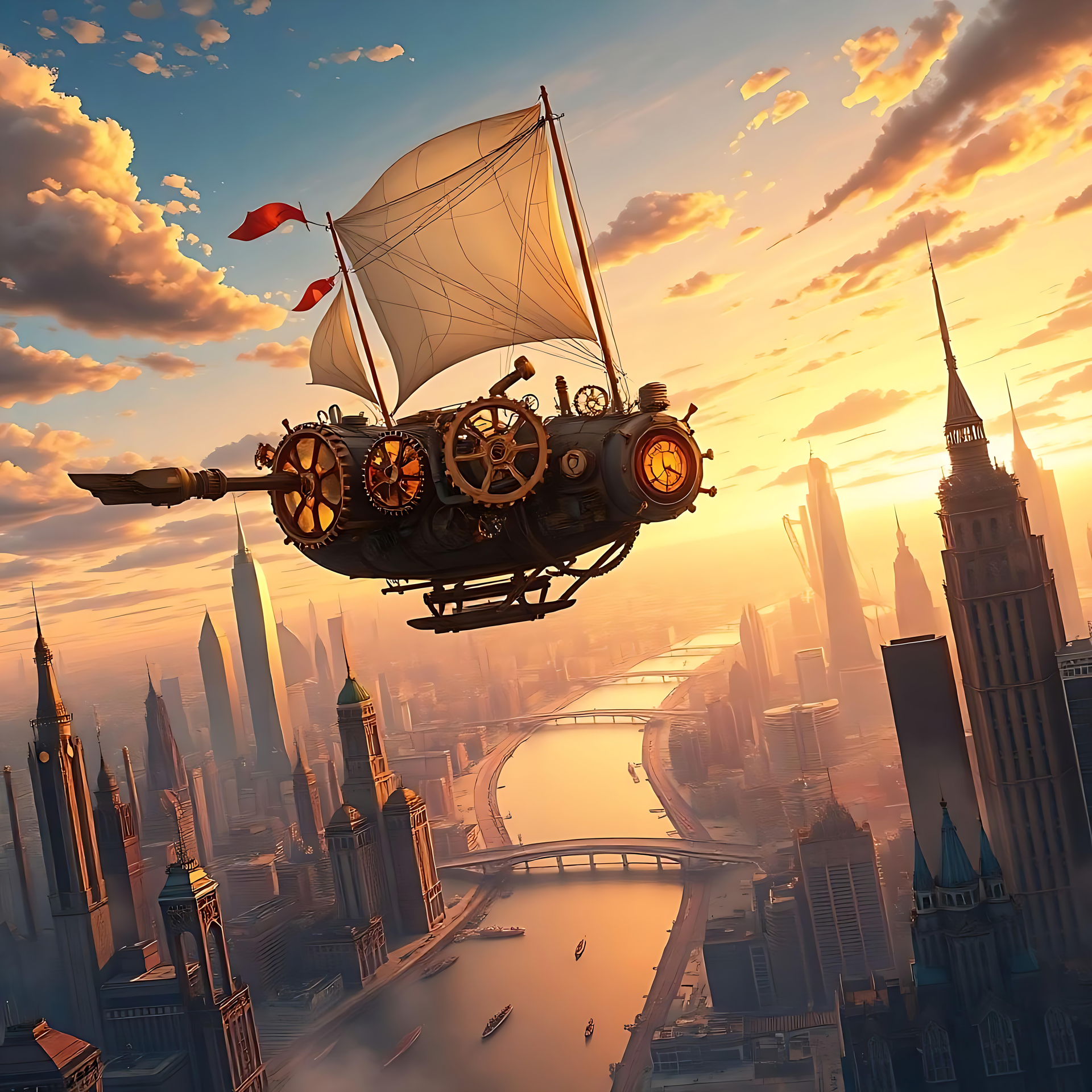 Dirigível Steampunk Voando Sobre uma Paisagem Urbana Anime ao Pôr do Sol Dirigível steampunk voando sobre uma paisagem urbana estilo anime ao pôr do sol.