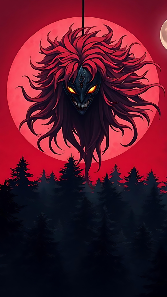 Schaurige Blutmond-Anime-Kunst Unheimliche Anime-Figur mit leuchtend gelben Augen vor einem blutroten Mond über einem dunklen Wald
