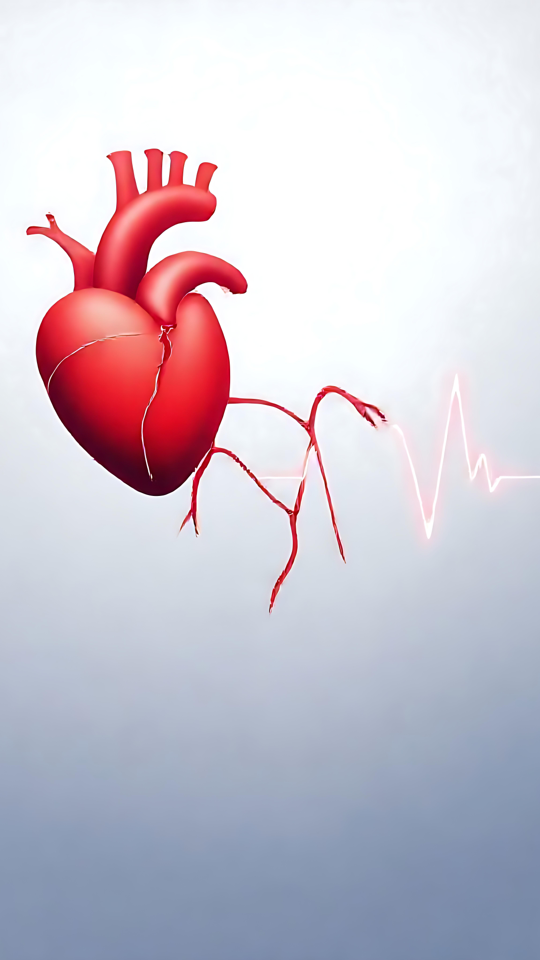 Coração Partido Minimalista em Linha de ECG Uma obra de arte minimalista de um coração vermelho partido com uma linha de ECG sobre um fundo azul pálido.