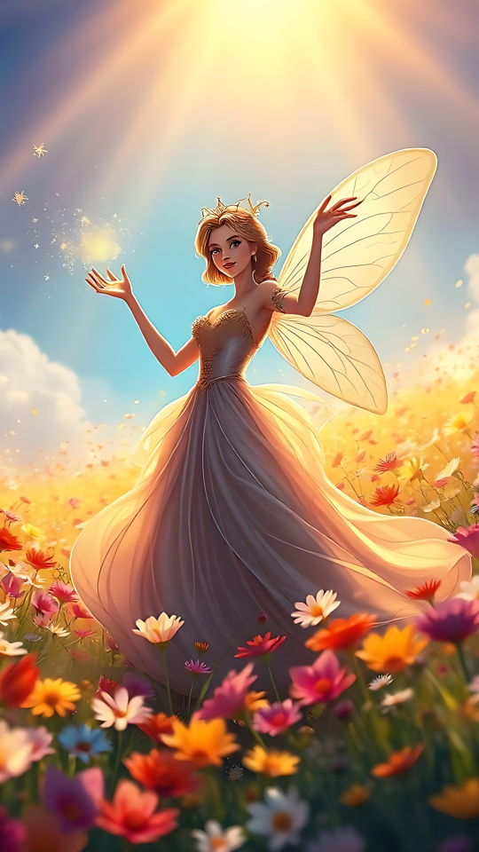 Hada en un Campo Luminoso de Flores Un hada de fantasía bañada por la luz del sol de pie en medio de un campo de flores coloridas.