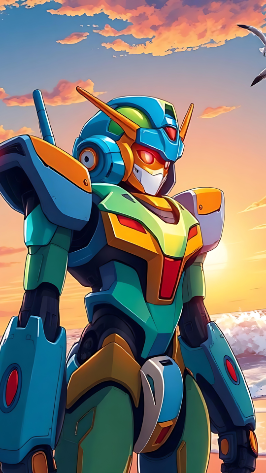 Den Dristige Mecha-Vogter ved Solnedgang En anime-mecha-robot står på en strand ved solnedgang, med måger på himlen og bølger i baggrunden.