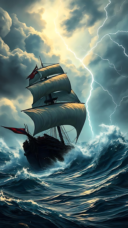 Un’Audace Avventura: Nave Pirata in una Tempesta Furiosa Una nave pirata ispirata a Disney che affronta mari tempestosi con lampi che illuminano il cielo.