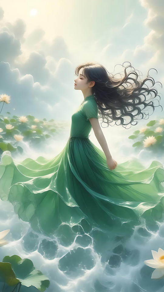 Graciosa donzela em meio a lírios florescentes Uma donzela elegante de anime em um vestido verde cercada por lírios em uma lagoa ensolarada.