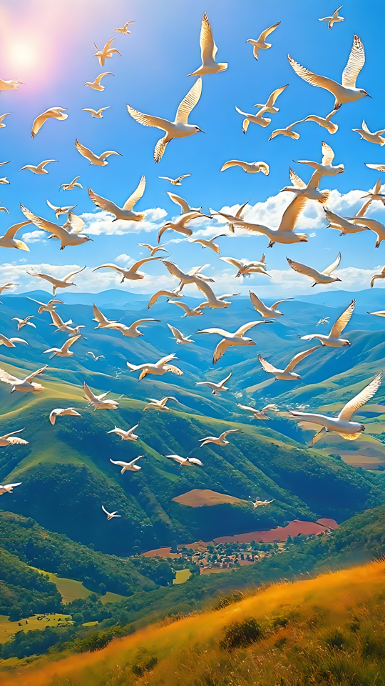 飛行中の静けさ:緑豊かな丘の上を舞い上がる鳥たち 輝く青い空の下、緑の丘の上を飛ぶ鳥の群れ。