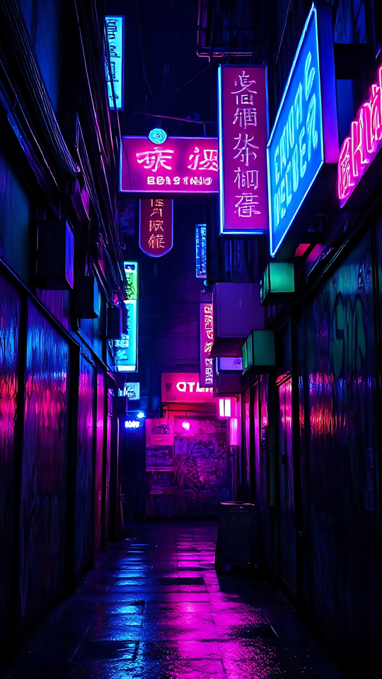 Reise durch eine Neon-Cyberpunk-Gasse in 8K Eine Neongasse im Cyberpunk-Stil, beleuchtet von lebhaften rosa, blauen und lila Lichtern unter dem Nachthimmel.