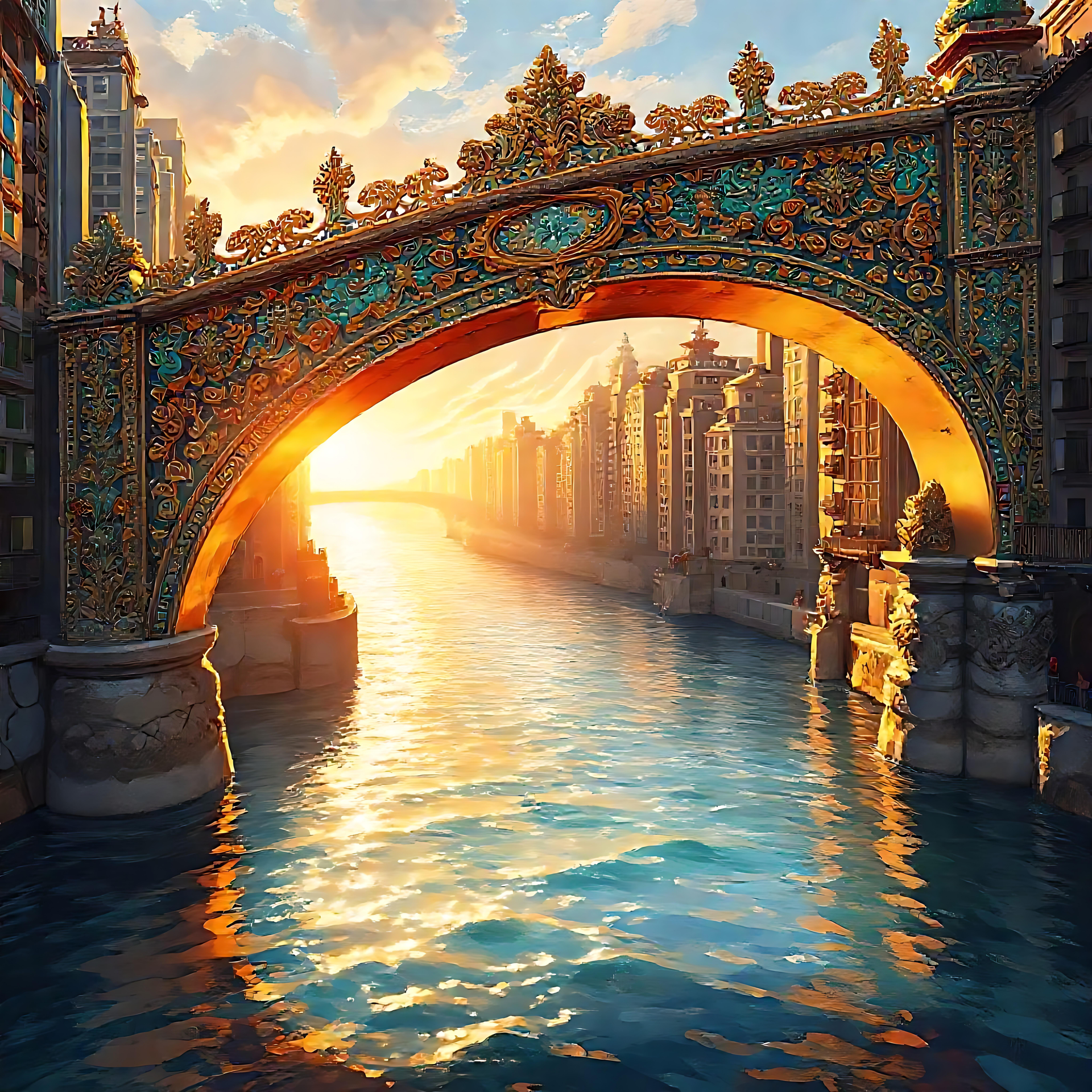 金色宏伟:日落河流上的桥梁 一座被日落照亮的金色桥梁,横跨宁静的河流,周围环绕着建筑。