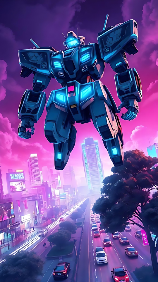 Forsvarer af Neon-skyline: En Majestætisk Mecha Står Vag En tårnhøj neon-mecha i et futuristisk anime-inspireret bybillede