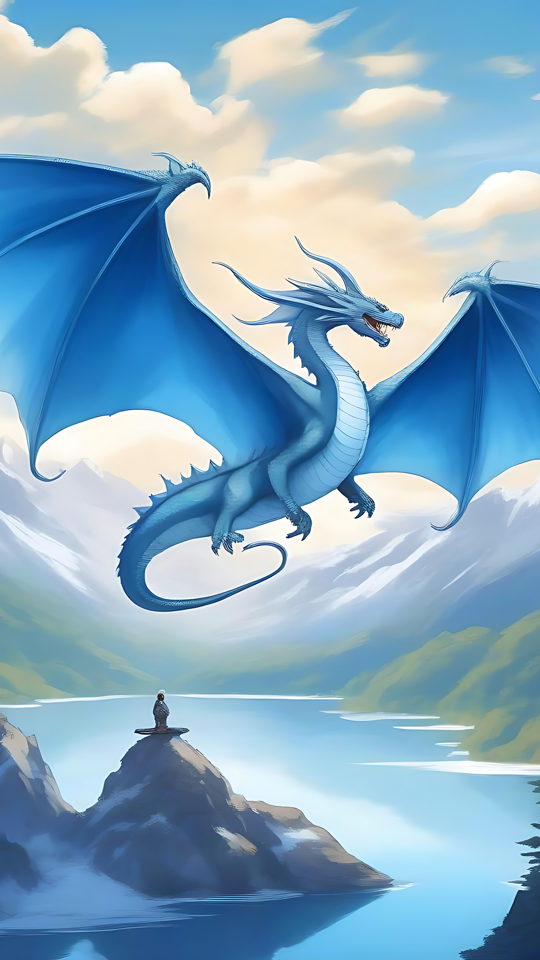 Majestuoso Dragón Azul sobre Montañas Serenas Dragón azul sobrevolando montañas serenas en un entorno de anime de fantasía.