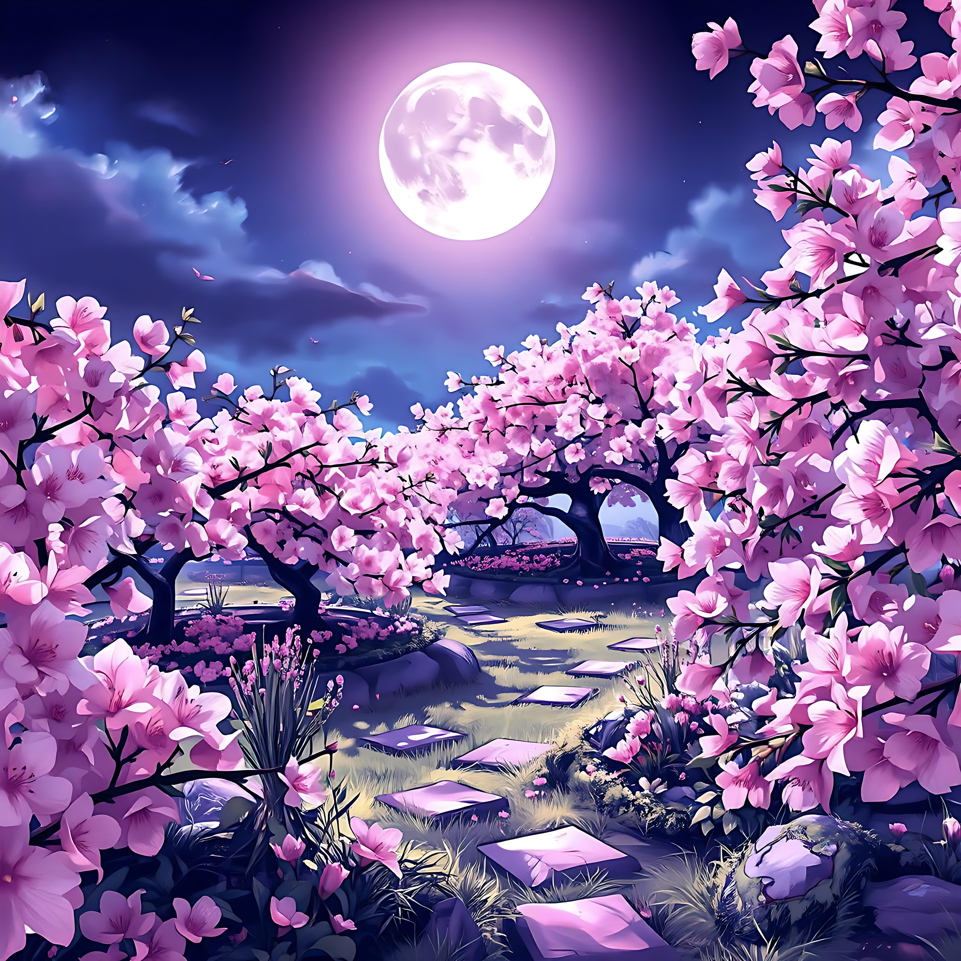 Caminho de Sakura Iluminado pelo Luar: Uma Jornada de Tranquilidade Papel de parede anime de um caminho de sakura brilhando sob uma lua cheia à noite