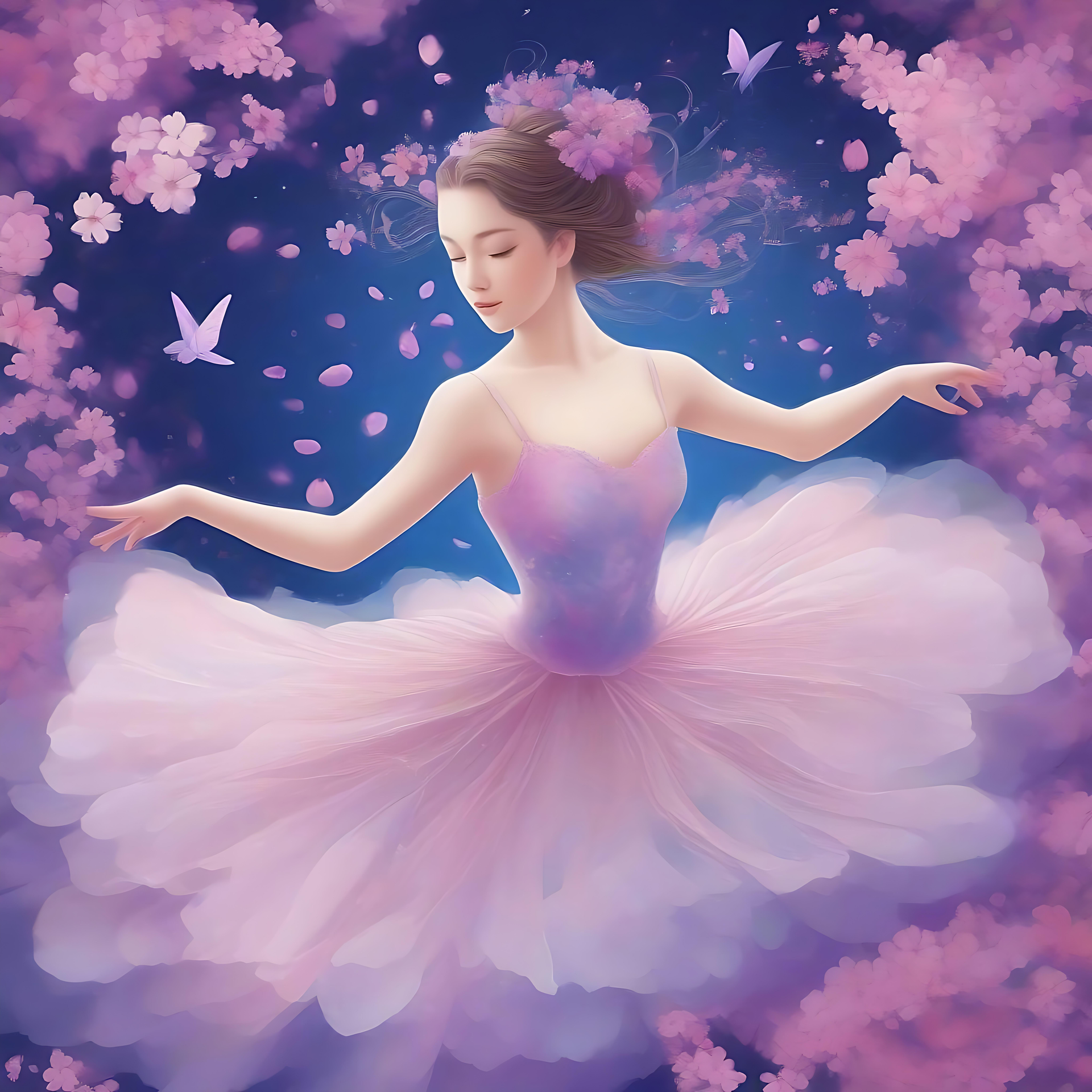 Verträumte Anime-Ballerina in einer Blütenphantasie Anime-Ballerina umgeben von Kirschblüten und Schmetterlingen in verträumter Atmosphäre.