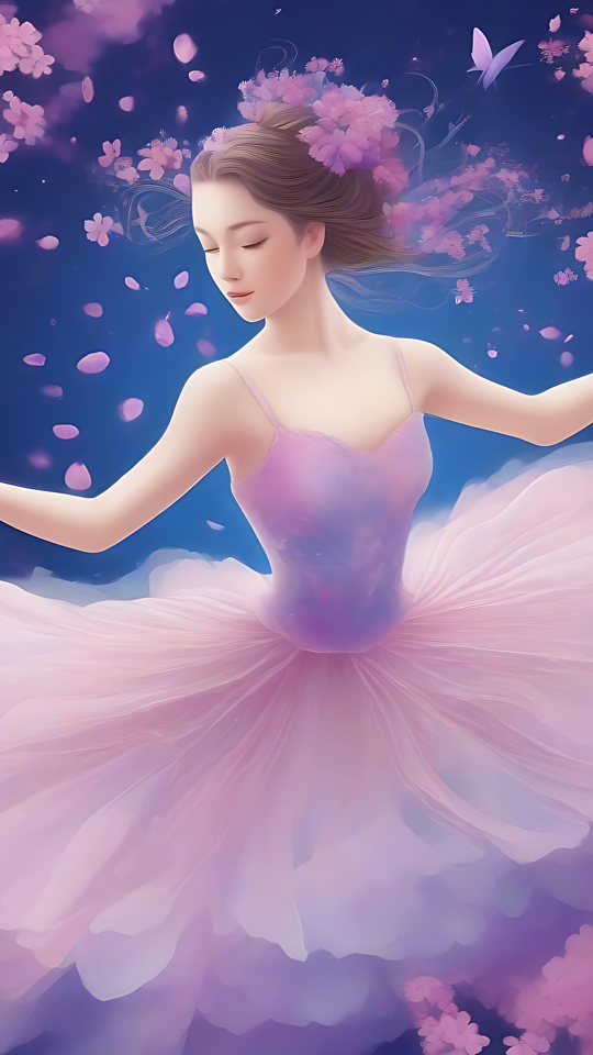 Verträumte Anime-Ballerina in einer Blütenphantasie Anime-Ballerina umgeben von Kirschblüten und Schmetterlingen in verträumter Atmosphäre.