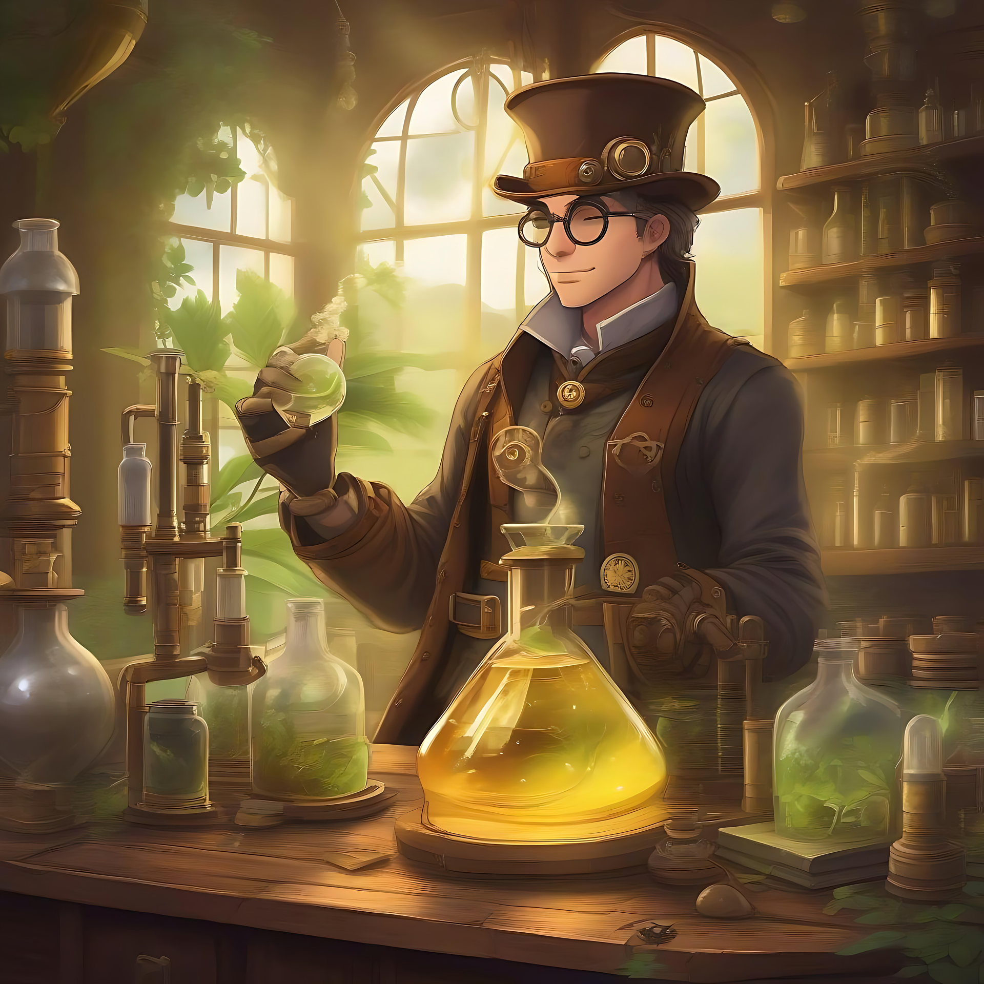 Steampunk-alkemistin laboratorio Steampunk-anime-alkemisti hohtavassa laboratoriossa luonnon elementtien kera