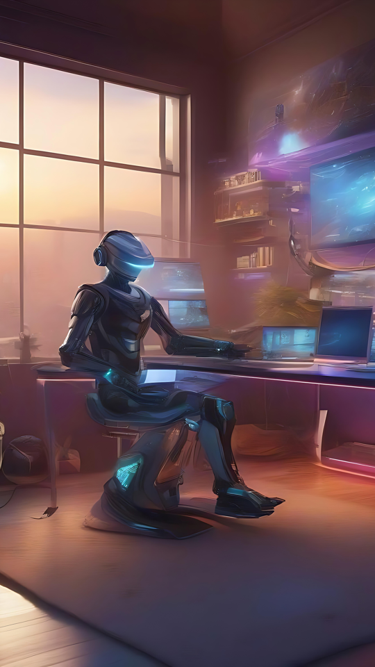 A Combinação Perfeita de Ciência e Estilo em um Espaço de Trabalho Futurista IA humanoide em um espaço de trabalho futurista iluminado por neon com fundo de pôr do sol