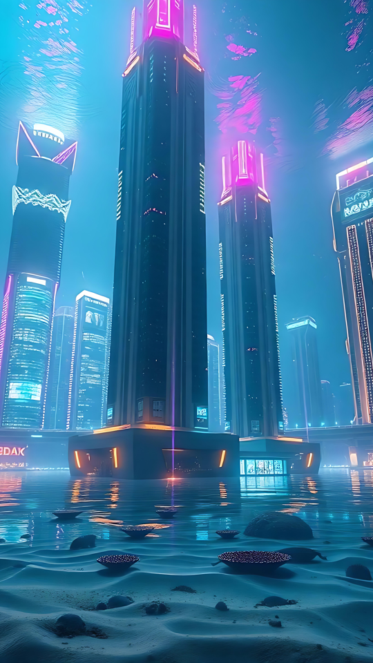 Dyk ner i neondjupen i en futuristisk undervattensstad 3D futuristisk neonupplyst undervattensstad med skyskrapor och marint liv.
