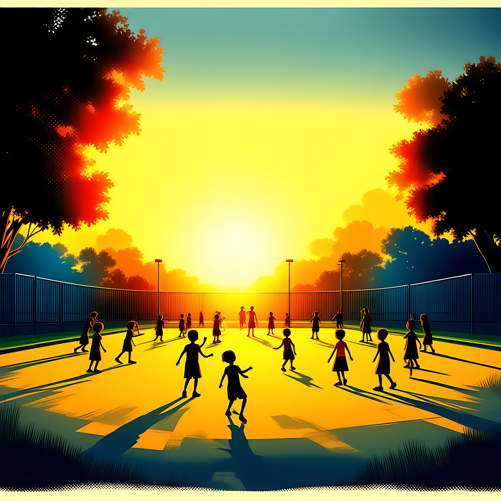 Parco Giochi Dorato sotto il Bagliore del Tramonto Bambini che giocano in un parco giochi scolastico ben illuminato durante un tramonto dorato, circondati da alberi con foglie rosse e arancioni.