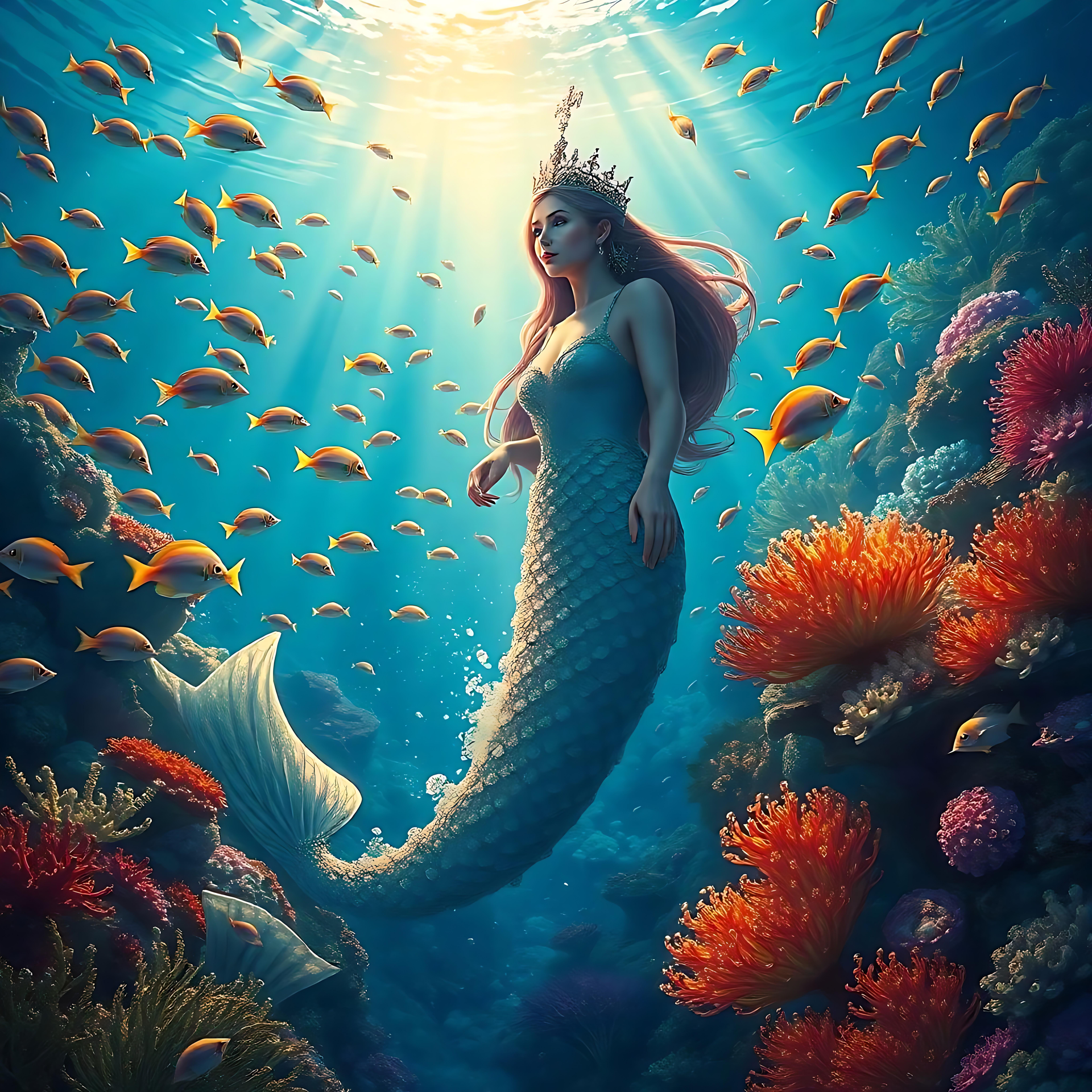 雄伟美人鱼在充满活力的珊瑚仙境中 梦幻美人鱼在彩色珊瑚礁和阳光中游泳