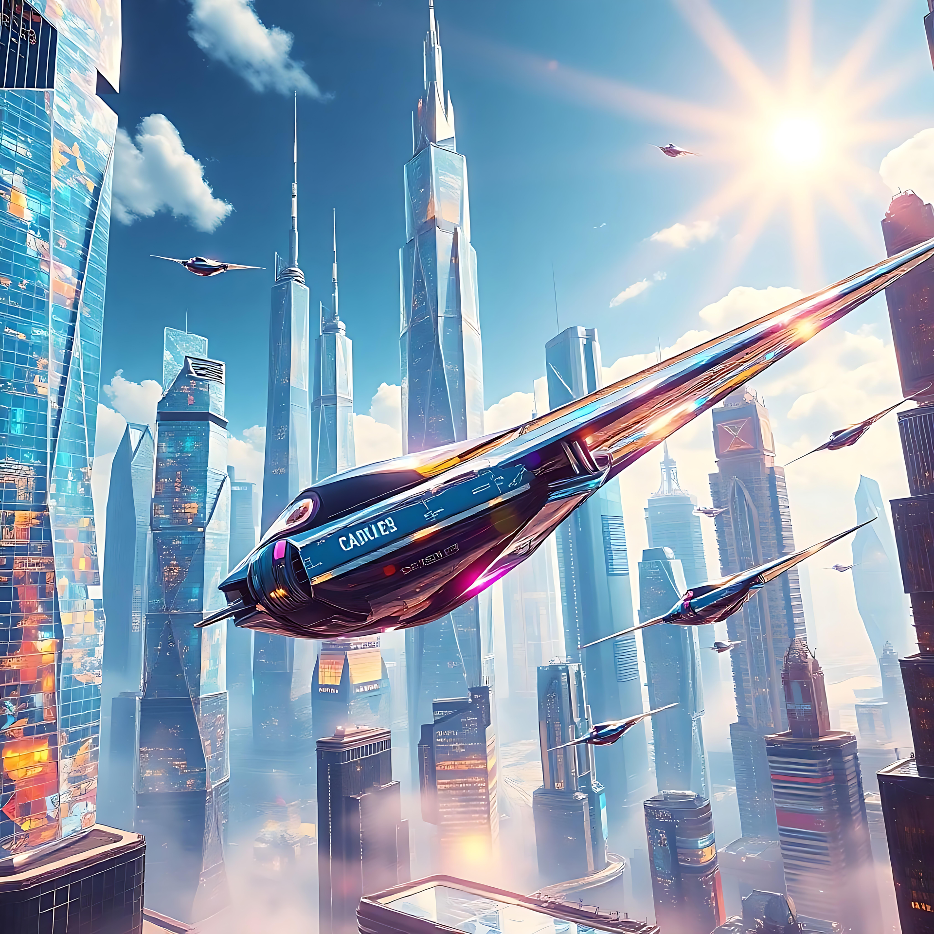 Futuristic Skyline with Heroic Ambience Futuristic cityscape with sleek flying vehicles and towering skyscrapers bathed in sunlight.