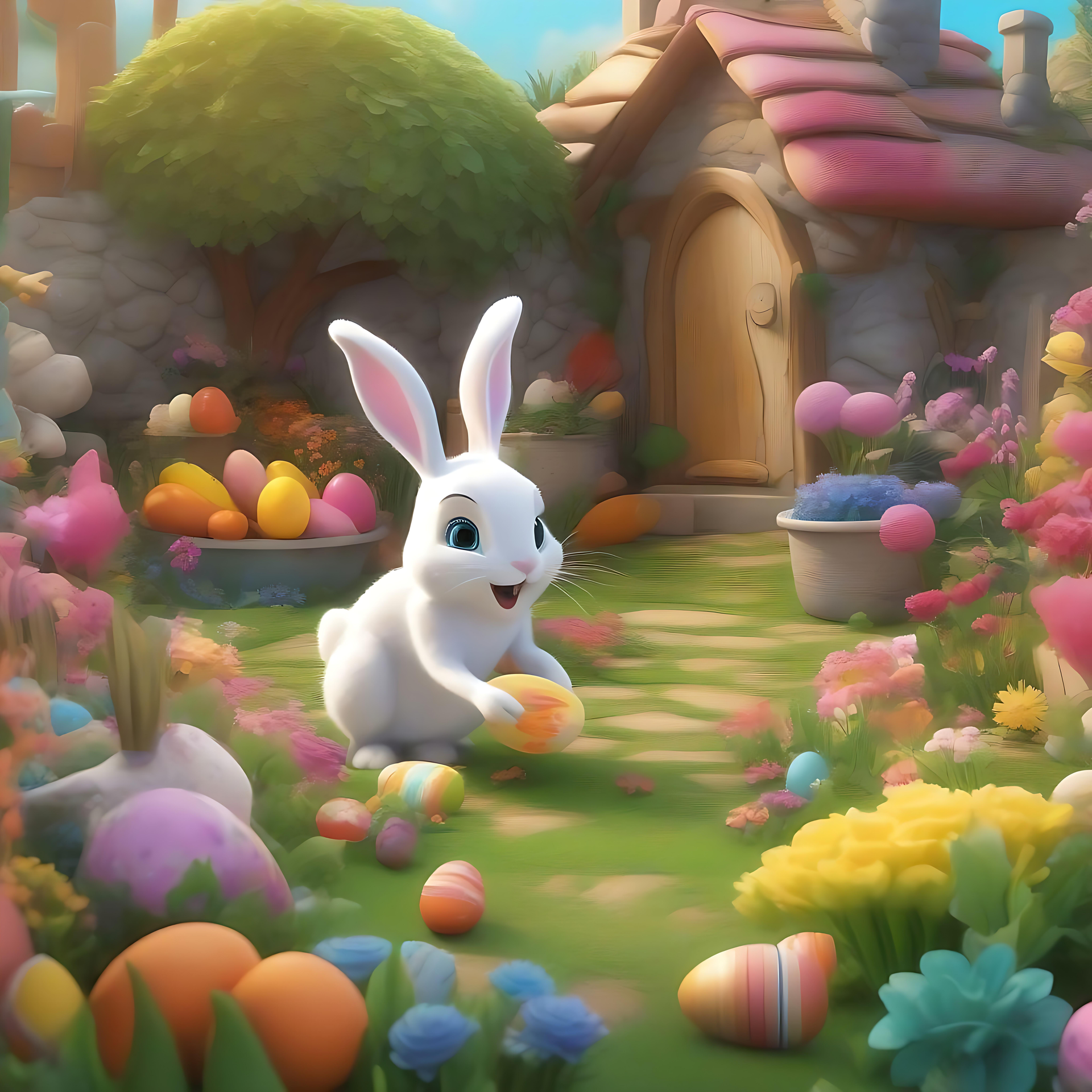 Le lapin de Pâques se délecte dans un jardin de conte de fées Un lapin de Pâques joyeux entouré d'œufs colorés dans un jardin fleuri avec un charmant cottage.