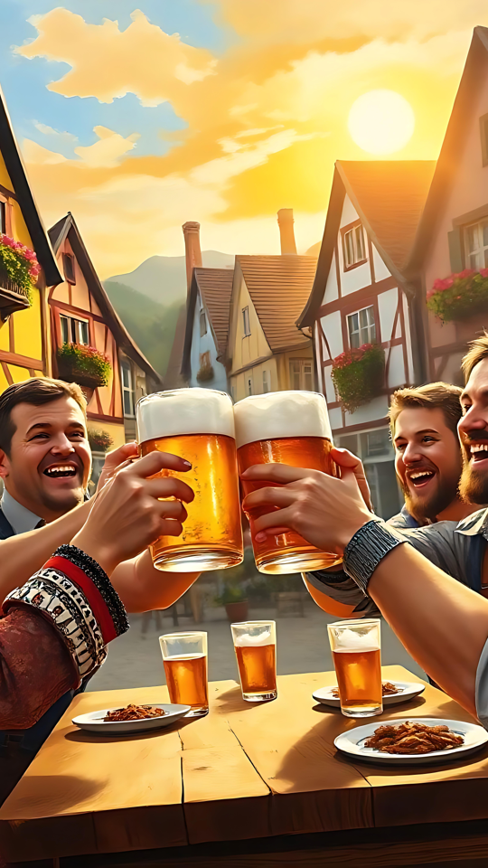 Oktoberfest-glädje i en bayersk by En festlig Oktoberfest-firande med folk som skålar med ölstop, beläget i en levande bayersk by.
