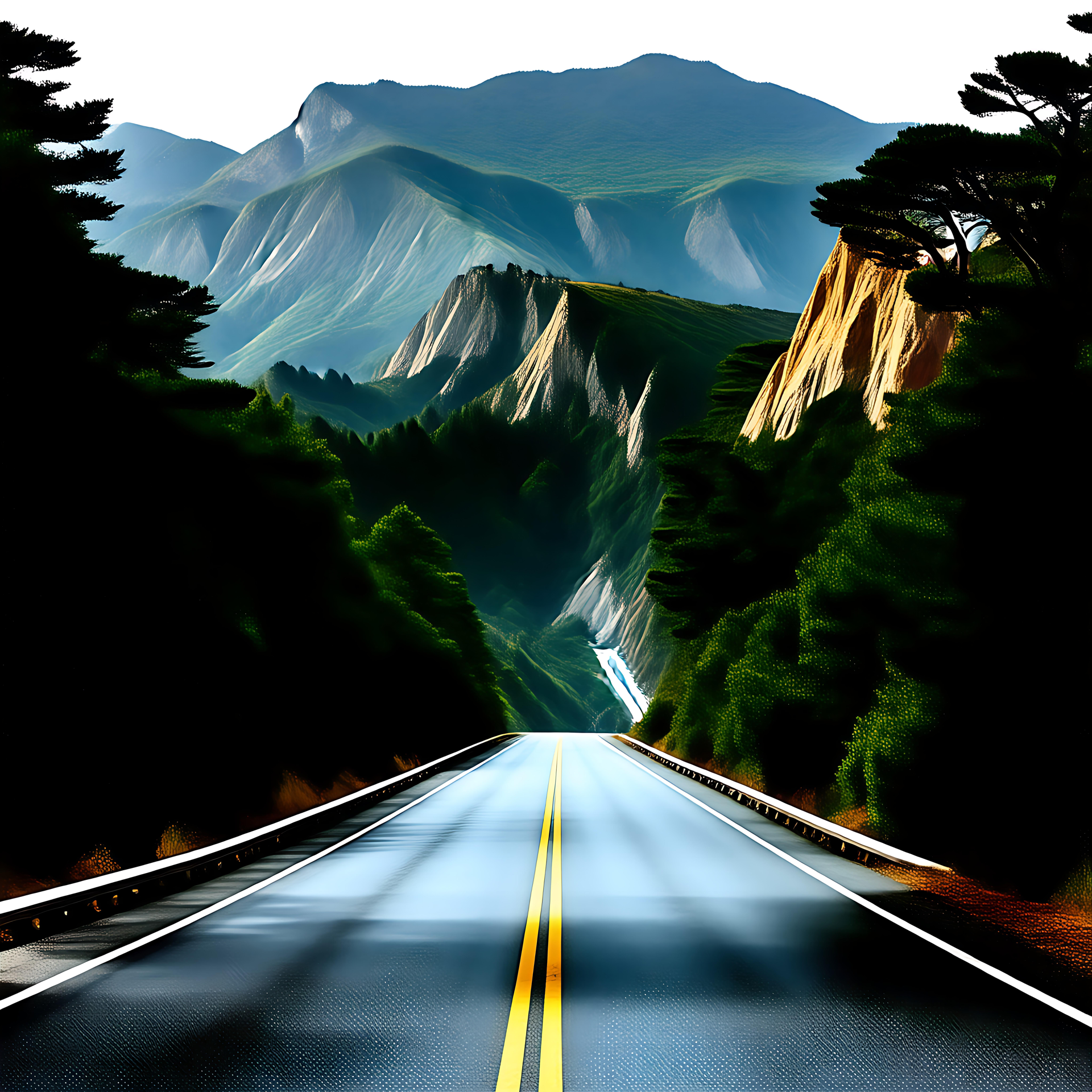 Reise durch die Berge Eine malerische Autobahn, umgeben von üppig grünen Bäumen und majestätischen Bergen unter einem strahlenden Himmel.