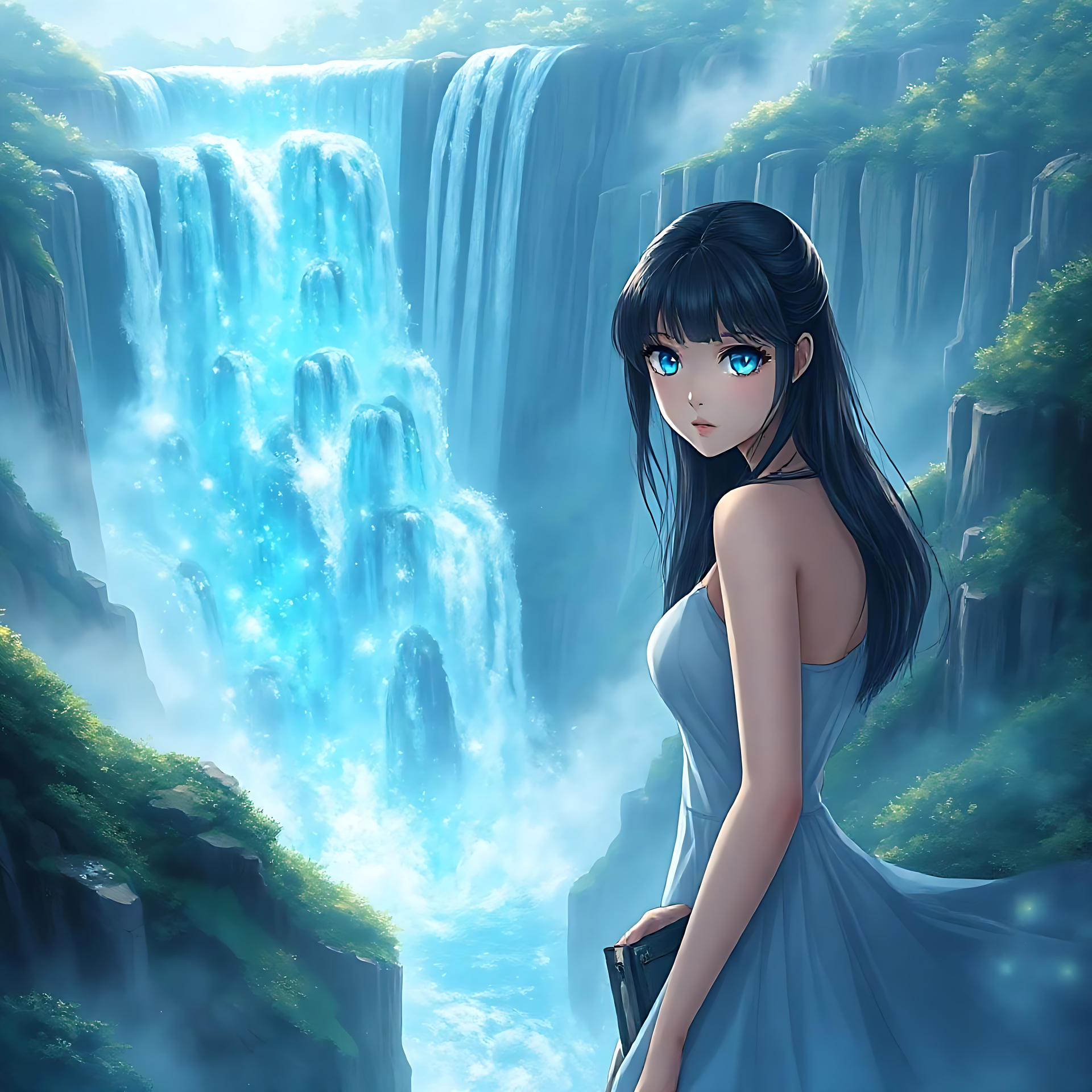 Ethereal Güzelliğe Sahip Sakin Anime Şelalesi Gür yeşilliklerle çevrili çağlayan bir şelalenin ve dökümlü bir elbise giymiş sakin bir figürün anime çalışması