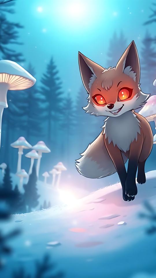 Raposa Encantada em uma Floresta Mística Obra de arte de anime de uma raposa encantada com olhos vermelhos brilhantes caminhando em uma floresta nevada cercada por cogumelos luminosos.