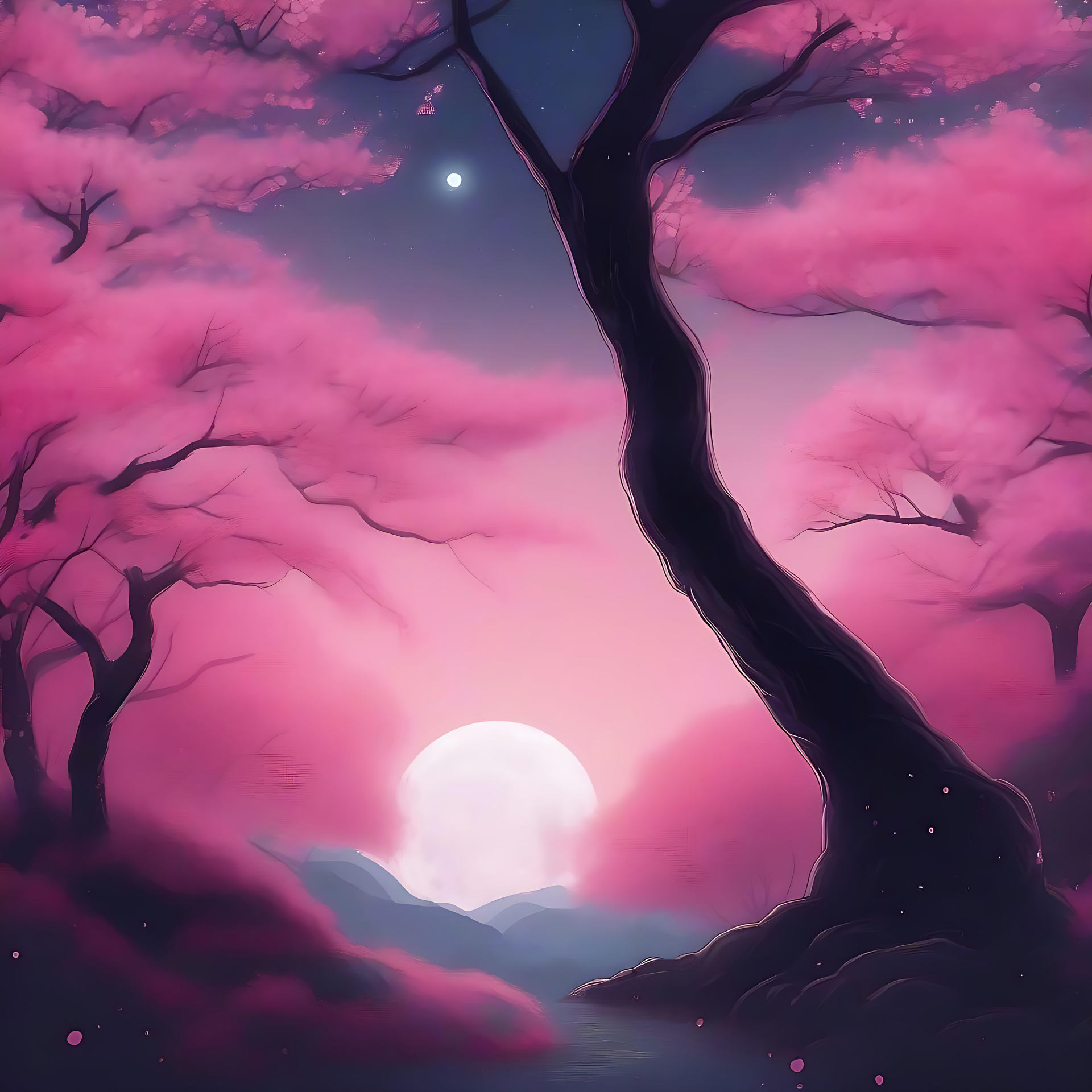 En rolig måneskinsti under Anime Kirsebærblomster Kirsebærtræ i anime-stil i måneskin med lyserøde nuancer.