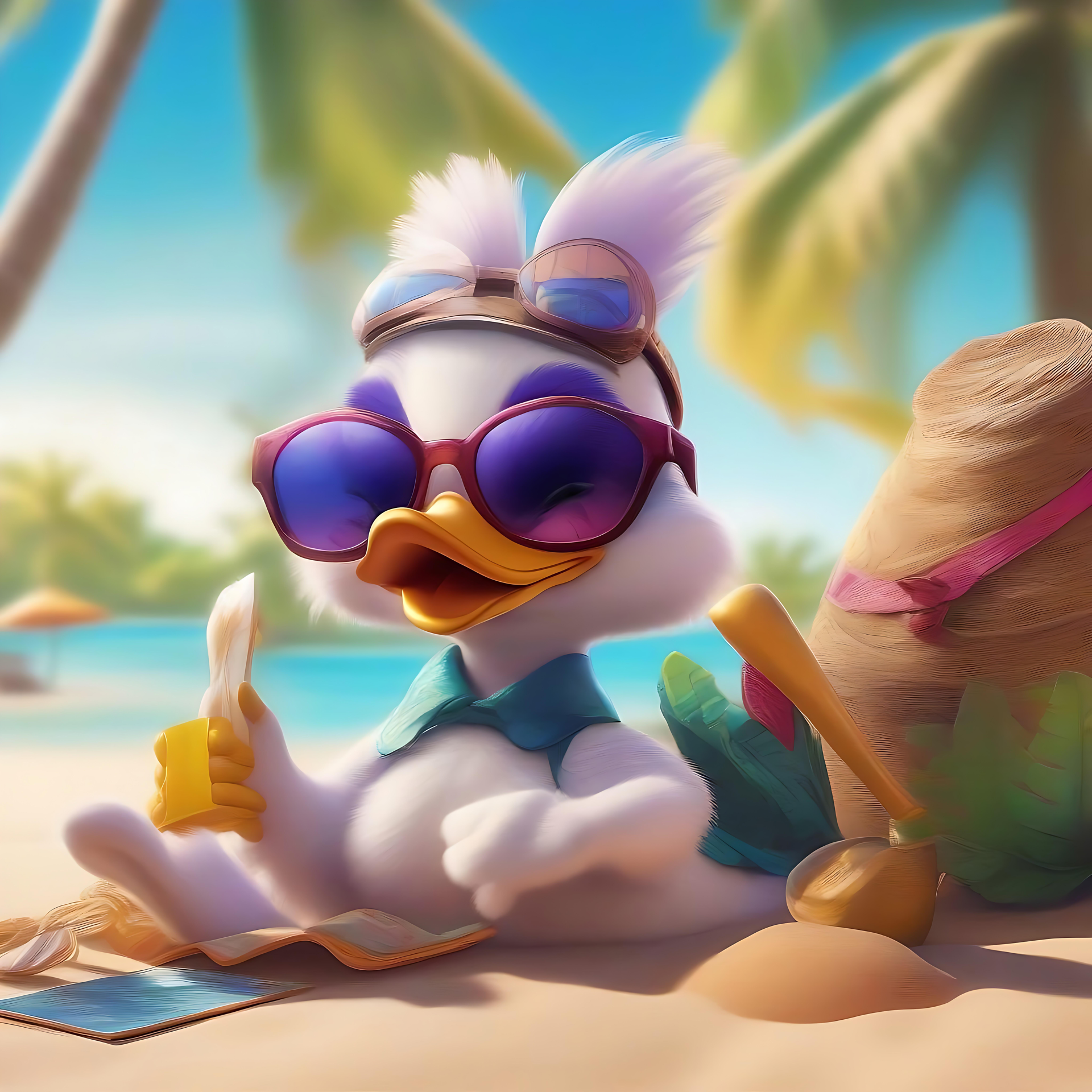 Daisy Duck genießt die Sonne am Tropenstrand Daisy Duck entspannt sich am Tropenstrand in Sonnenbrillen, genießt einen entspannten Sommertag mit Palmen im Hintergrund.