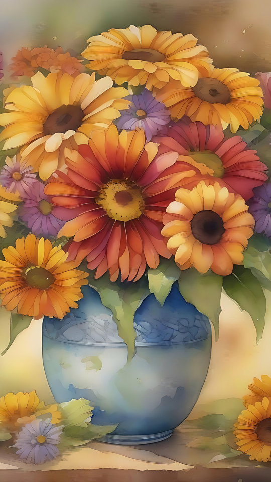 Um Deslumbrante Buquê de Aquarela em Flor Uma representação em aquarela de um vibrante buquê floral em um vaso de cerâmica azul.