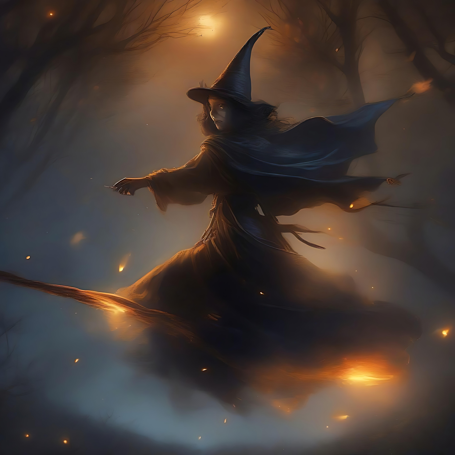 Bruja etérea deslizándose por un bosque místico Una bruja mística volando a través de un bosque resplandeciente de Halloween en una escoba, rodeada de ascuas de luz.